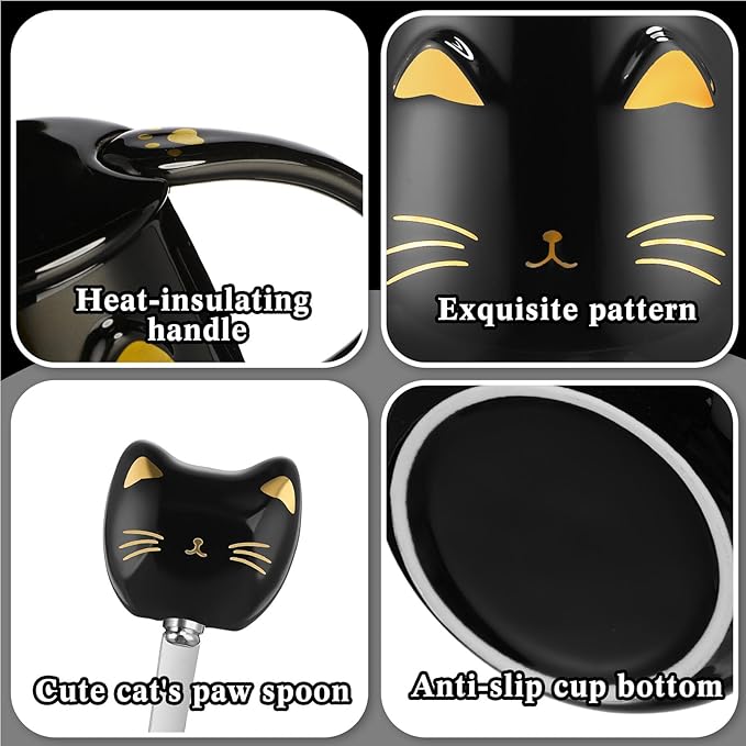 Cat Coffee Cup Coffee Warmer with Mug for Women Electric Mug Heater Temperature Control Ceramic Cute Cat Warmer for Office Christmas Birthday Gift(Black)