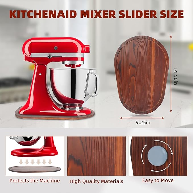 Mixer Slider Compatible with 5.5-8 QT Kitchen Aid Stand Mixers, Kitchen Countertop Storage Mover Sliding Caddy Mixer Slider Mat for Kitchen Aid Stand Mixer Accessories Attachment (Pine Wood - Brown)
