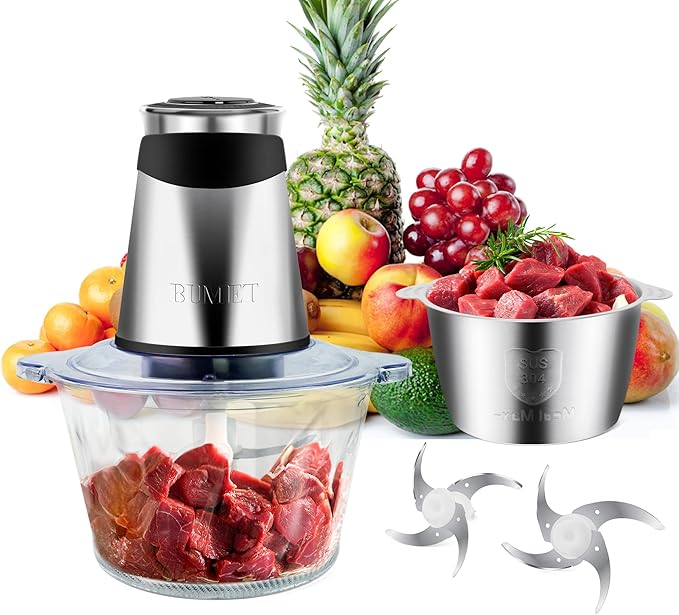 Electric food processor vegetable chopper 500W 2x8cup bowls 2 bi-layer 4 blades Small Food chopper ideal as Electric Meat grinder for home use,Mincing,chopping for kitchen aid,baby foot,pet food