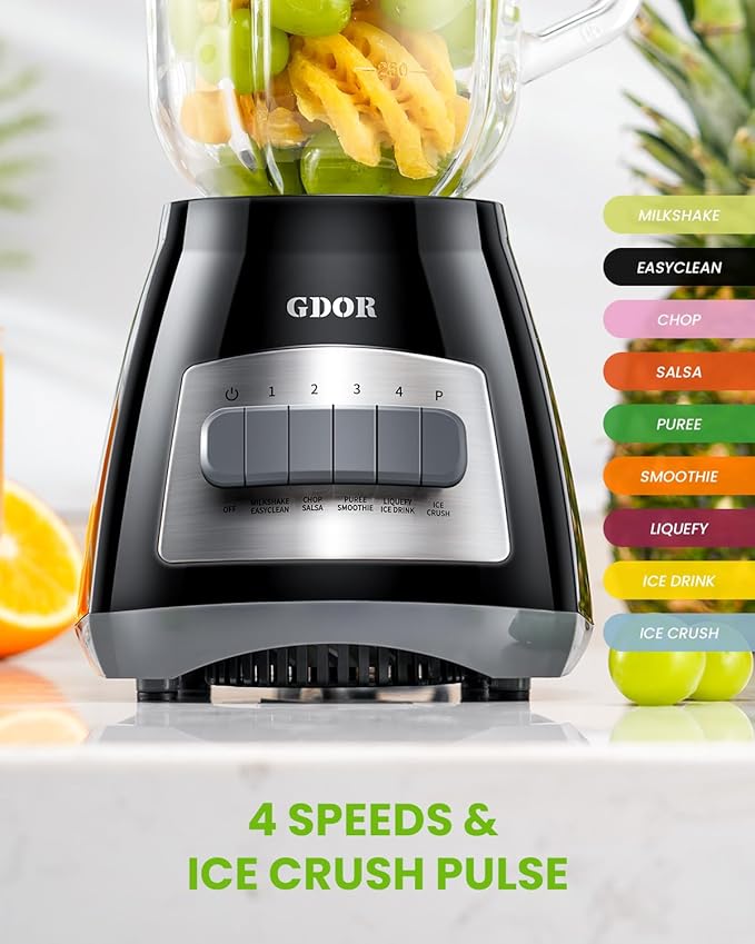 GDOR Blender, 52 Oz Glass Jar, Multi-Function Kitchen Blender & Grinder Combo, 9 Functions with Shakes, Puree, Crush Ice, and Chop, Max 700W, Self Cleaning