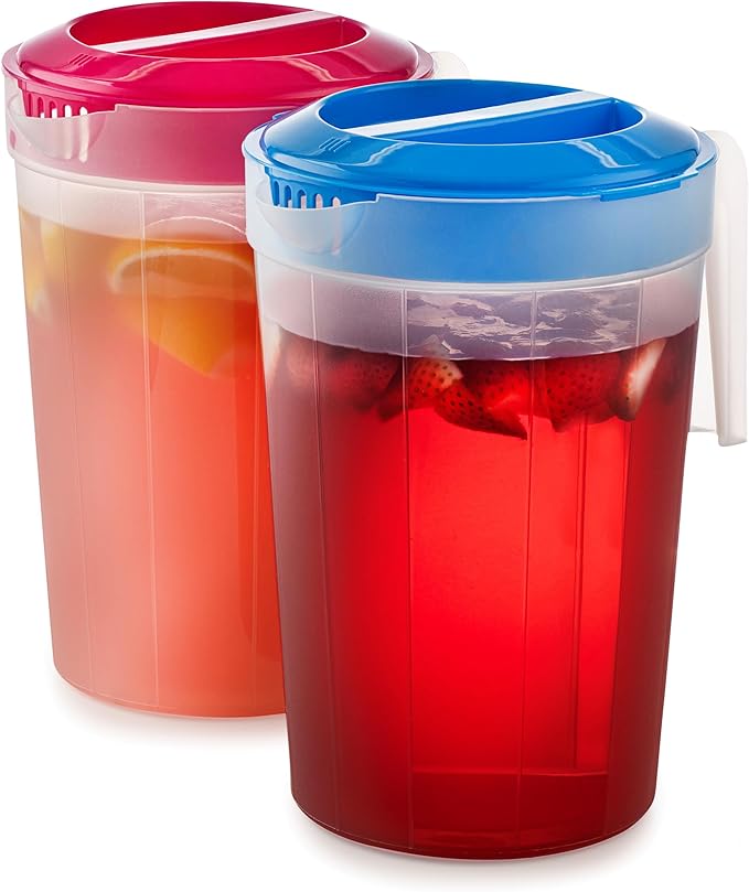 2-Pack 1-Gallon Plastic Pitchers with Lids – Iced Tea Pitchers with Twist Cover BPA-Free, Dishwasher & Freezer Safe, Ideal for Water, Juice & Fridge Storage