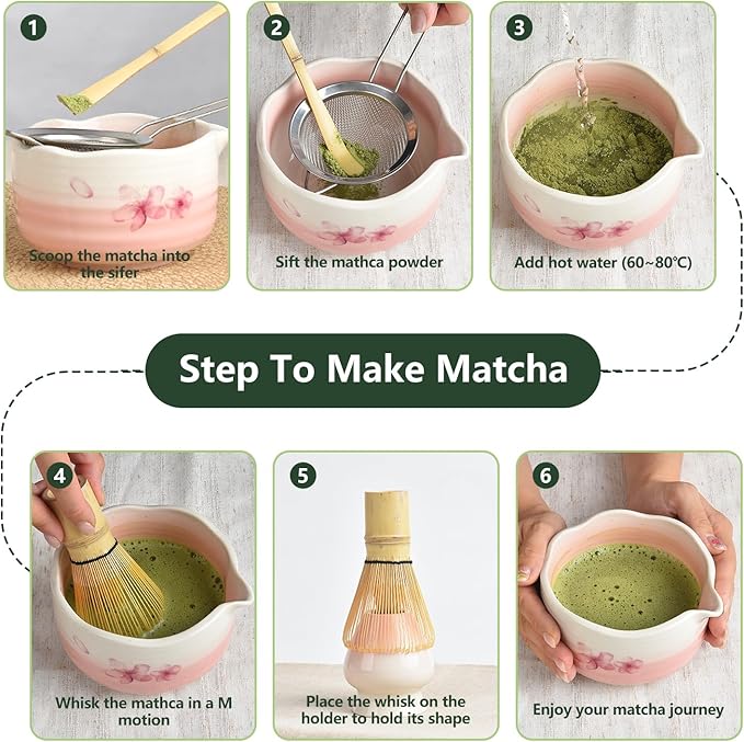 7PCS Matcha Whisk Set, Sakura Cherry Bloosm Matcha Kit Christmas Gifts for Women Birthdays Mom Girls Kids and Matcha Tea Lover, with Bamboo Whisk, Holder, Bowl, Scoop, Sifter, Towel, and Elegant box