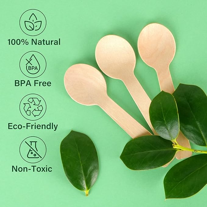 LotFancy Mini Wooden Spoons, Pack of 100, 4 inch Length, Disposable Tasting Sampling Spoons, Biodegradable Compostable Eco-friendly Birchwood Taster Spoons