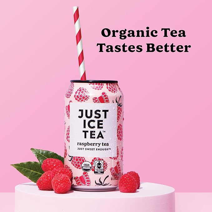 Just Ice Tea, Raspberry Flavored Black Iced Tea, 12-Pack (12oz Cans), USDA Certified Organic, Low Calorie, No Artificial Sweeteners, Fair Trade, Made in USA.