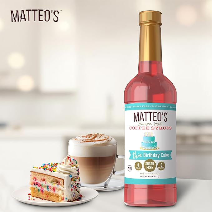 Matteo's Birthday Cake Syrup for Coffee, Lattes, Cappuccinos & Desserts – Sugar-Free Sweetener for Beverages, Keto Friendly, Zero Calories, Indulgent Flavor, Non-Alcoholic, 33.8oz (1pk)