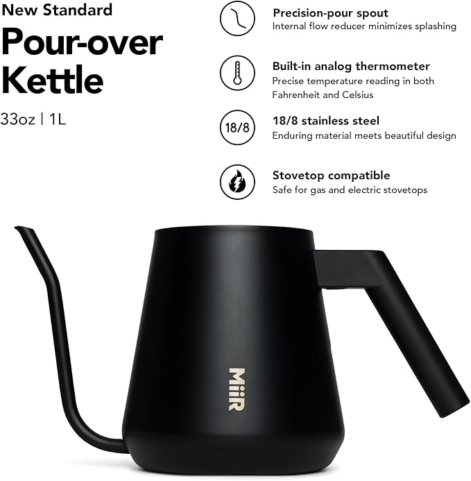 MiiR New Standard Pour-Over Kettle - Precision Angled Spout & Thermometer for Perfect Brewing, 1L Kettle for Smooth Pour-Over