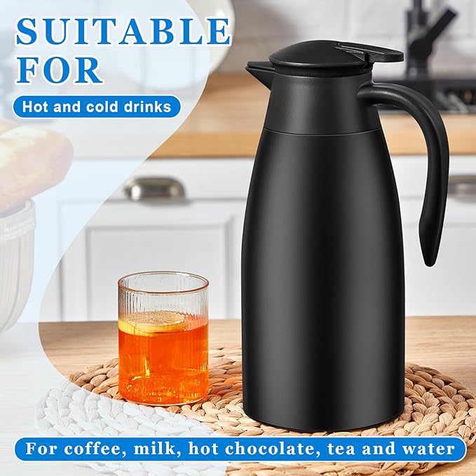 Uiifan 2 Pcs 68oz Thermal Carafe Insulated Stainless Steel Carafe Double Walled Vacuum Flask with Brushes for Keeping Coffee Tea for 12 Hours (Black)