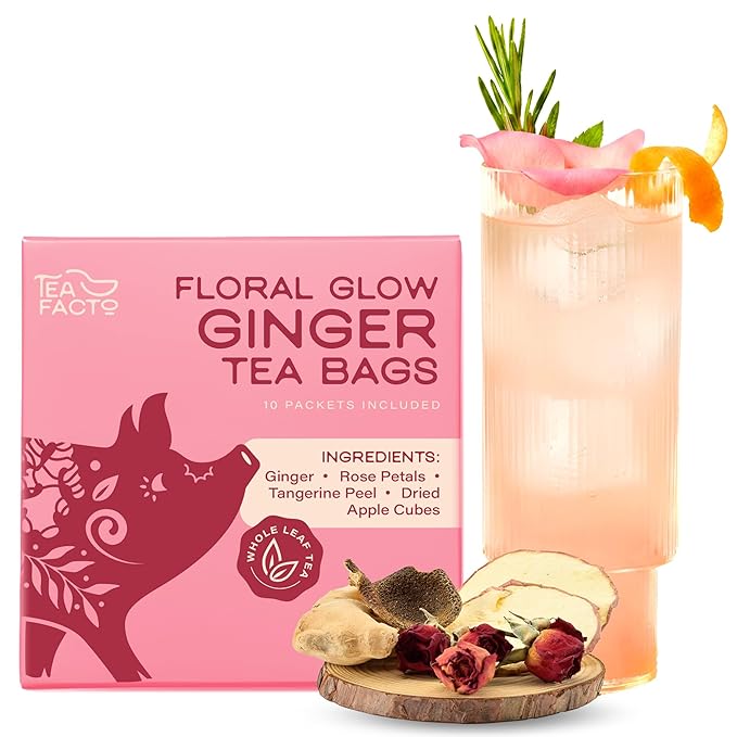 Tea Facto Goddess Glow* Ginger Tea Bags with Dried Ginger Roots, Tangerine Peels, Rose Petals, Dried Apples - Natural Fiber, Zero Added Sugar, Zero Caffeine - 10 Count