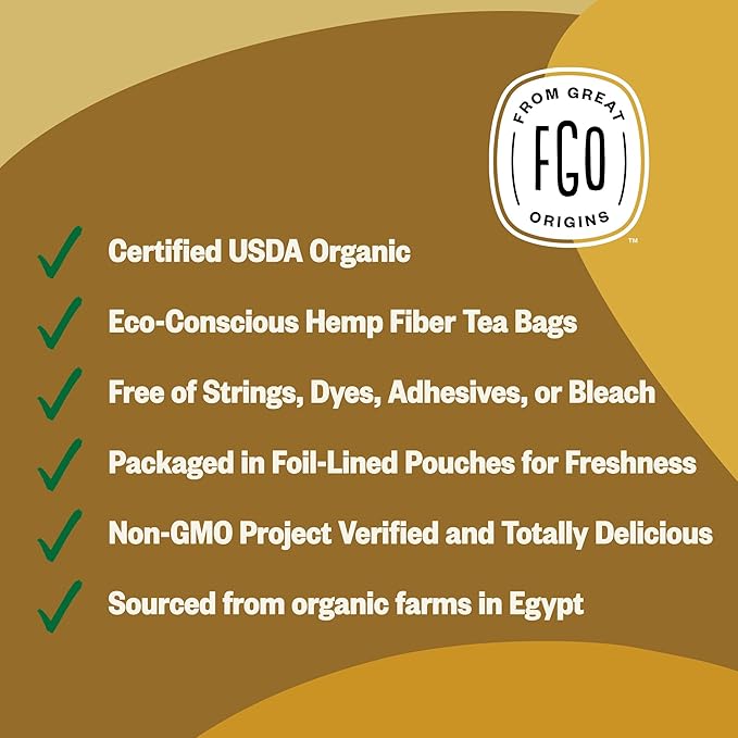 FGO Organic Chamomile Tea, 100 Eco-Conscious Tea Bags, Caffeine Free, Resealable Bag, Packaging May Vary (Pack of 1)