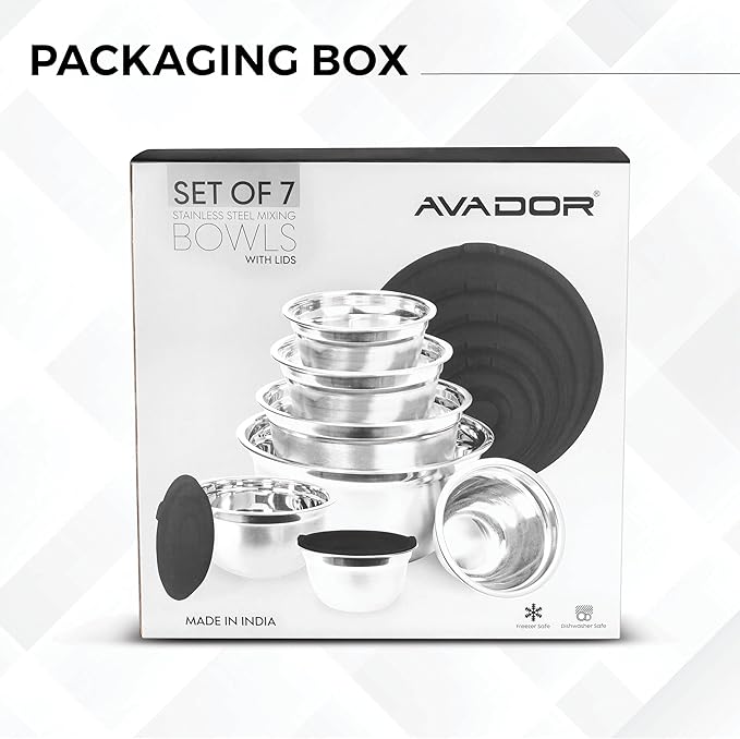Avador Premium Stainless Steel Mixing Bowls, Set of 7 EXTRA Large Stainless Steel Mixing Bowl Set, Easy To Clean, Space Saving, Great for Cooking, Baking, Prepping (0.25, 1, 1.5, 3, 4, 5 and 8 Quart)