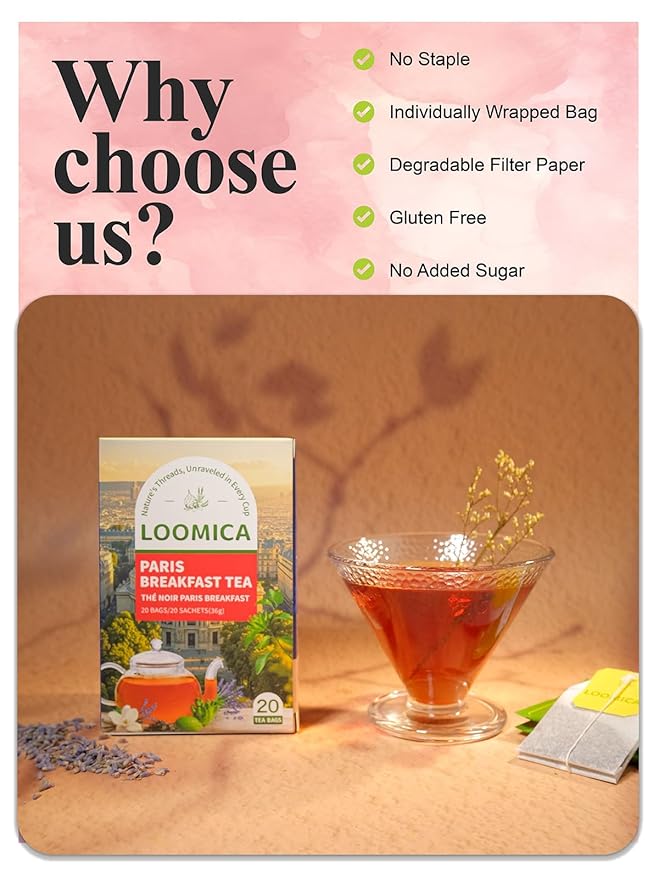 LOOMICA Paris Breakfast Black Tea, Smooth Black Tea Blend with & Natural Lavender, Refreshing Bergamot & Sweet Vanilla, Rich Morning Tea, Perfect with Milk or Honey, No Artificial Sugar Added, 20 Count