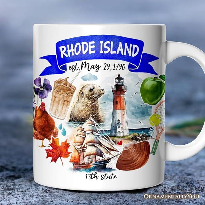 OrnamentallyYou State Travel Landmark Mugs – 12 oz Ceramic Coffee Cups, U.S. Souvenir Gift for Tourists (Artistic Rhode Island State Themes and Landmarks Mug)