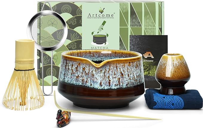 Artcome Matcha Tool Set - Complete Kit with Matcha Bowl with Spout, Bamboo Whisk, Tea Scoop, Whisk Holder, Scoop Holder, Tea Cloth & Powder Strainer, Golden Glaz