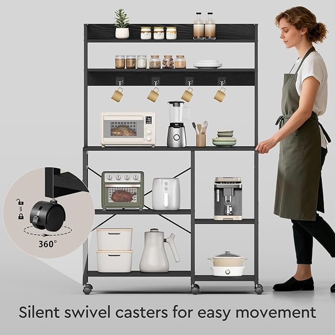 Kitchen Bakers Rack with Storage，Microwave Stand with Wheels，with Adjustable Shelves，Kitchen Shelves，Coffee Bar with 10 S-Shaped Hooks，35.4 * 15.8 * 61 Inches，Black