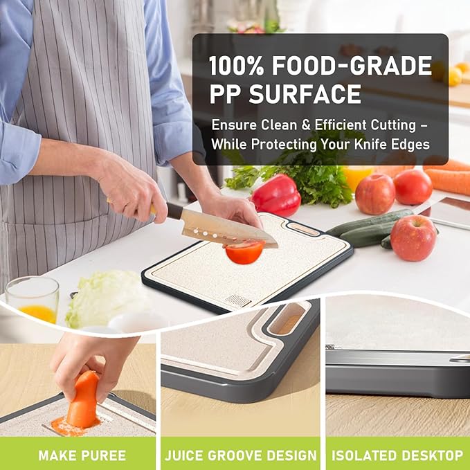 FIRE HIVE Upgraded Universal High Hardness Stainless Steel & Platycodon PP Material Double-Sided Cutting Board, Suitable for Non-toxic Cutting Boards with Juice Troughs for Home and Kitchen Use