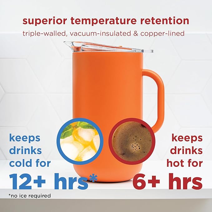 Served Premium Insulated Pitcher (2L/66oz) - Double Walled, Copper Lined Stainless Steel Pitcher with Lid - Vacuum Insulated Carafe for Hot Coffee, Tea, Iced Drinks, Water, Cocktails, and More