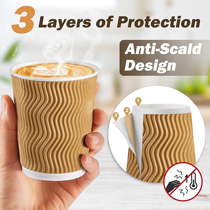 SIUQ 90 Pack - 8 oz Disposable Coffee Cups with Lids and Straws,To go Coffee Cups,Insulated Corrugated Paper Cups,Kraft Ripple Wall Cups for Hot Beverage or Cold Drinks -Champagne