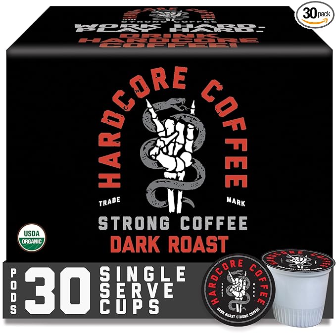 Hardcore Coffee Single Serve Coffee Pods for Keurig K Cup Brewers, High Caffeine, Strong Roast, 30 Count