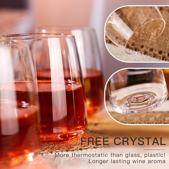 Stemless Wine Glasses Set of 6-15oz【Hand-Blown】 Durable Red White Wine Glasses,Unique Crystal Gifts for Him/Her for Wedding, Birthday，Engagement,Christmas