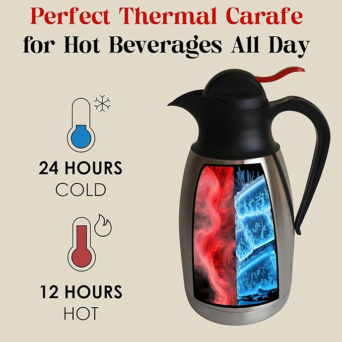 60oz Insulated Coffee Carafe – Thermal Coffee Carafe for Keeping Drinks Hot, Stainless Steel Coffee Thermos, Hot Beverage Dispenser, Large Thermos for Hot Drinks