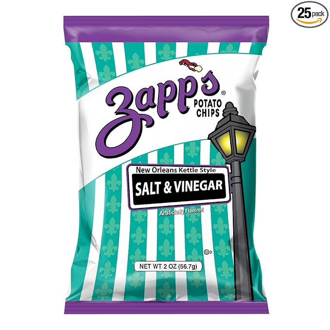 Zapp’s New Orleans Kettle-Style Potato Chips Salt and Vinegar Flavor (2 oz Bags, 25 Count), Crunchy Chips with a Spicy Kick, Perfect On-The-Go, Gluten Free Snack