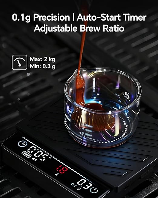 Espresso Coffee Scale with Timer and Flow Rate - MUVNA 2kg/0.1g Precision Rechargeable for Pour Over, Coffee Bean Weight, Mini Portable LED Display 4 Modes, Black