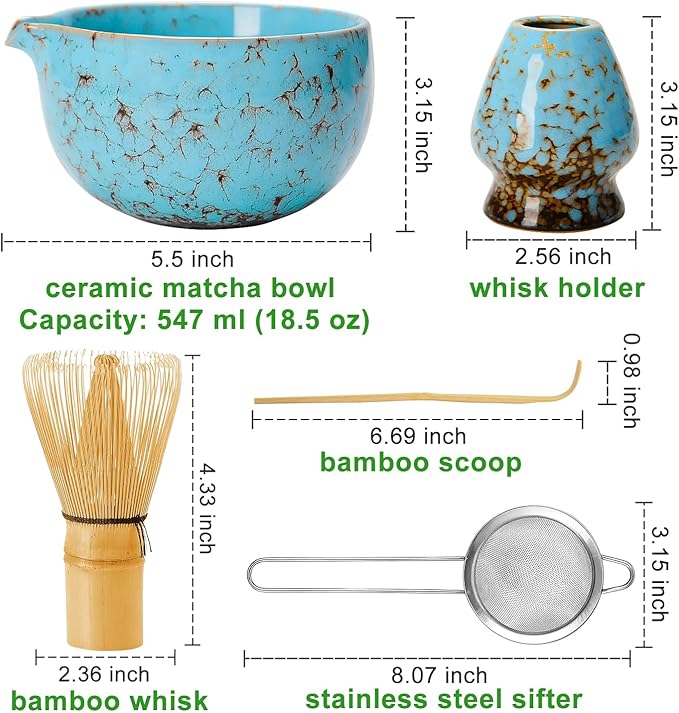 MONOJOY Matcha Bowl and Whisk Set – Multi-Layer Ice-Crackle Ceramic Chawan with Spout, Bamboo Chasen, Holder, Scoop & Sifter | Japanese Ceremonial Matcha Tea Kit for Lattes & Beginners
