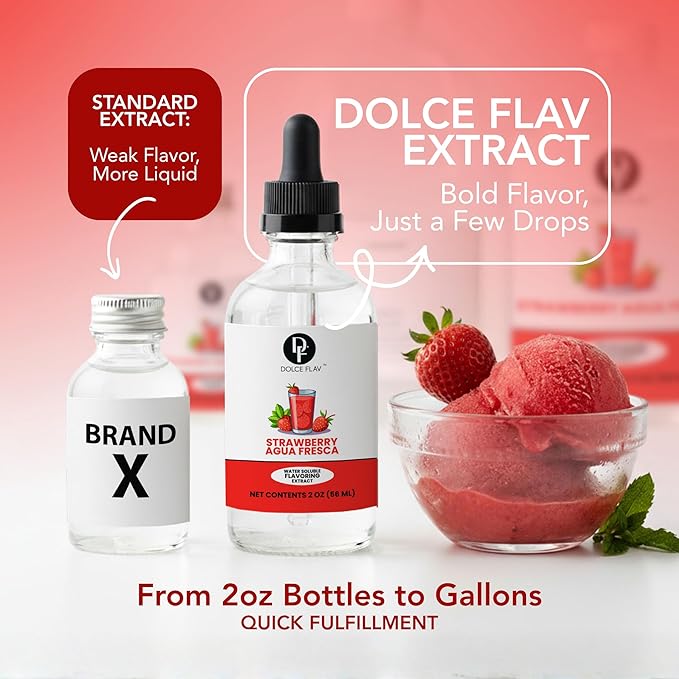 Dolce Flav Natural Strawberry Agua Fresca Extract, Water-Soluble – 2 oz | Fresh Sweet Strawberry Flavoring for Beverages, Desserts & Syrups – Sugar-Free, Kosher, Allergen-Free