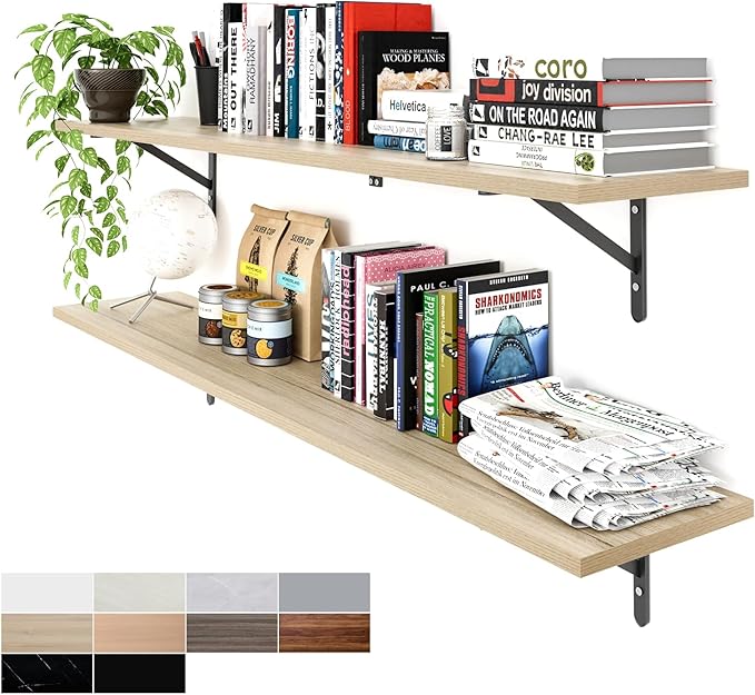 Kaboon 55 inch Long 10 inch Deep Floating Shelves for Wall Set of 2, Large Open Shelves Wall Mounted, Space Saving Home and Commercial Use, Oak/Grey Tone