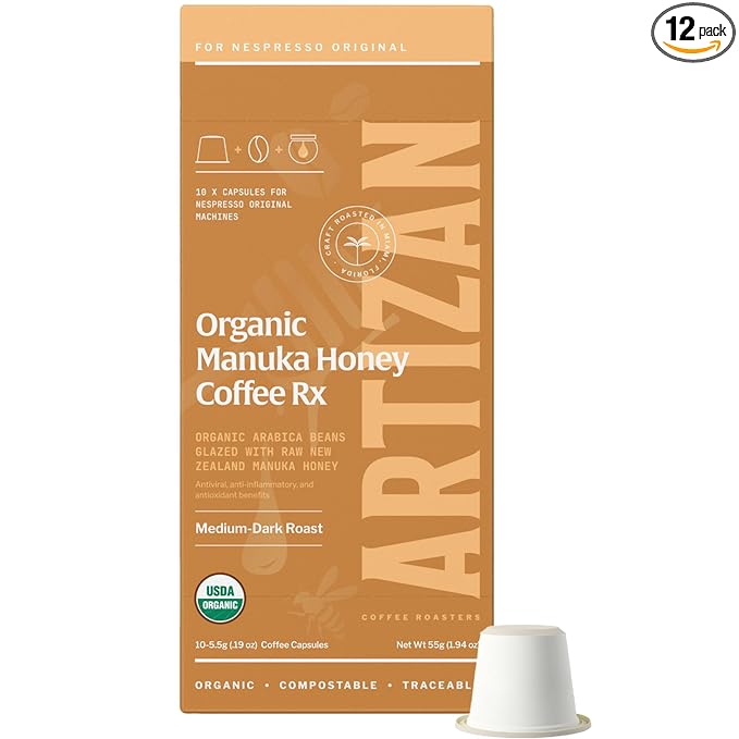 Artizan Coffee USDA Organic Espresso Coffee Capsules For Nespresso Original | Manuka Honey Coffee RX | 120 Compatible Compostable Pods