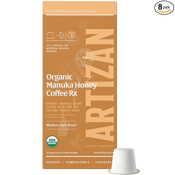 Artizan Coffee USDA Organic Espresso Coffee Capsules For Nespresso Original | Manuka Honey Coffee RX | 80 Compatible Compostable Pods