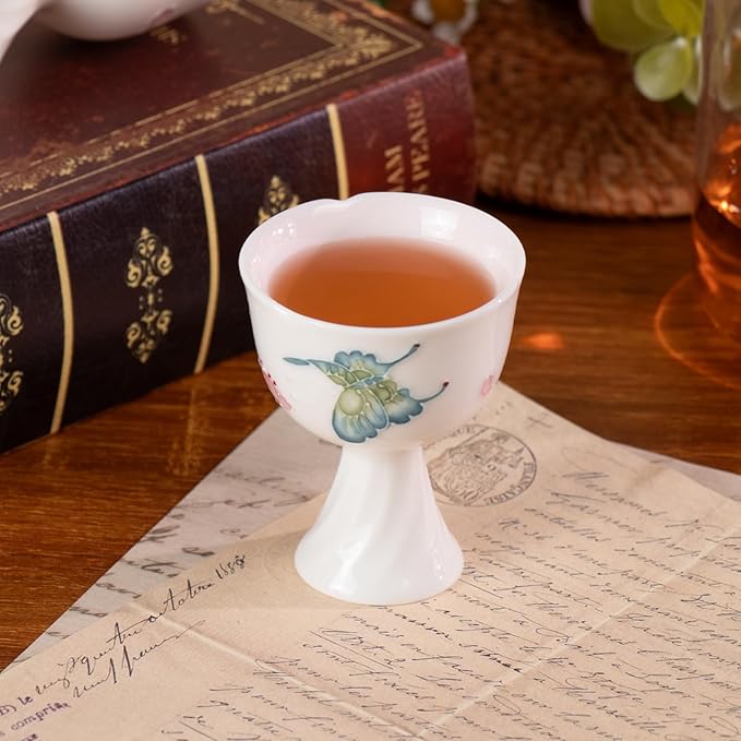 KAMMAK Tea Cup Set of 2 Small Tea Cups 1.4oz White Porcelain Tea Cup Set, Asian Ceramic Teacups for Home, Party, Office, Chinese Kung Fu Tea Set for Hot/Cold Drink (Playing with Butterflies)
