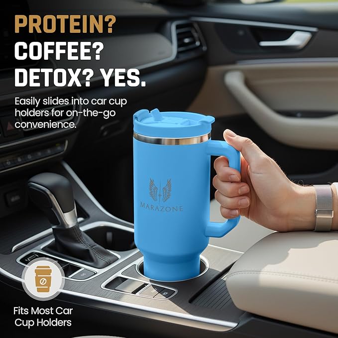 40 oz Insulated Tumbler with Handle and Straw – Stainless Steel Double Wall Vacuum Cup Fits Car Cup Holder, Hot Cold Travel Mug, BPA Free Reusable Water Bottle Gift for Women Men - Sky Blue