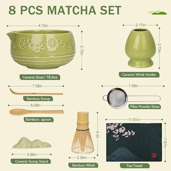 Matcha Whisk Set, Ceramic Bowl with Spout, Bamboo Matcha Whisk & Spoon, Chasen Holder, Scoop Rest, Sifter, 8-Pcs Japanese Ceremony Matcha Powder Kit–Christmas Gift for Women-Matcha Green