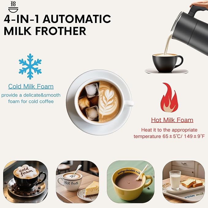 Milk Frother, Electric Milk Frother and Steamer, Frother for Coffee, Automatic 4-in-1 Cold Foam Maker, Milk Steamer mixer and Foam machine With Temperature Control,11.8oz/350ml Capacity