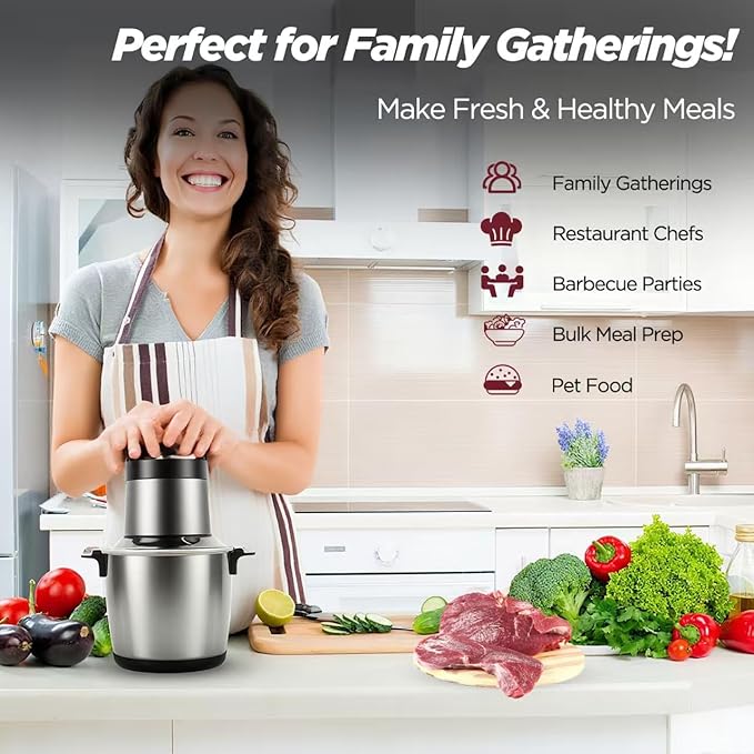 Electric Large Food Processor,1200W Meat Grinder Stainless Steel for Home, Heavy-Duty Meat Mincer with 2 Speed& 4 Blades,6L Electric Food Grinder Chopper for Meat,Game,Vegetables & Meal Prep