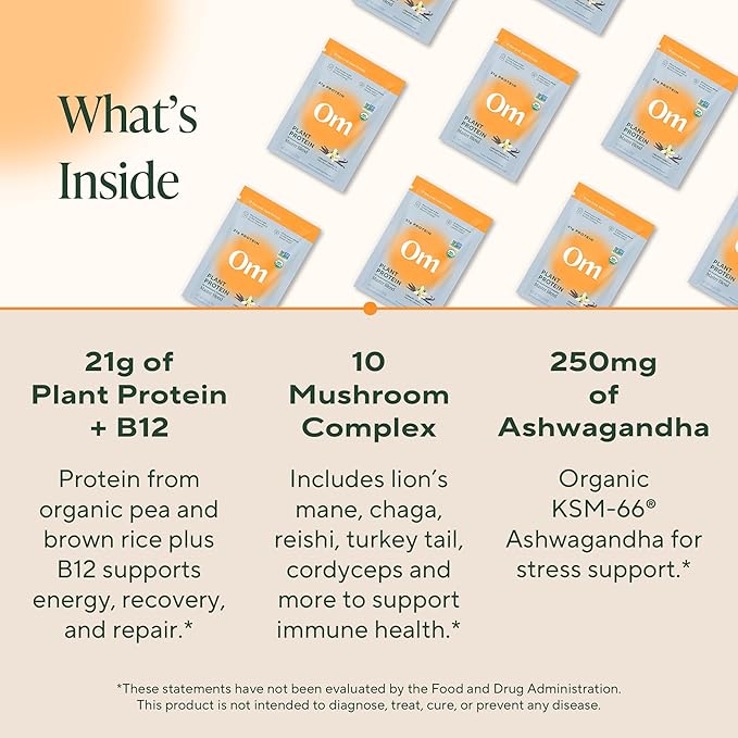 OM MUSHROOM SUPERFOOD Master Blend Vegan Protein – Organic Vanilla Plant Protein with 10 Mushrooms, Ashwagandha, BCAAs & B12 – Energy, Recovery & Immune Support – 10 Single Serves