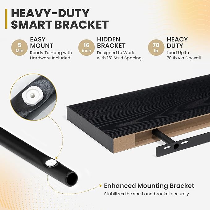40 Inch Floating Shelves, 9.3" Deep Floating Shelf Wall Mounted, 40" Wall Shelves, Rustic Deep Bookshelf, Large Display Shelves & Storage Shelves for Bedroom, Living Room, Black, Set of 2