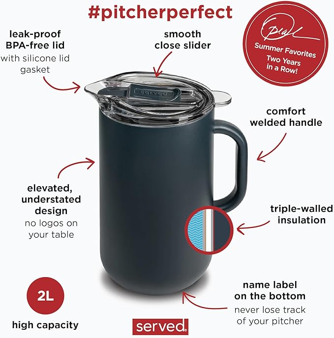 Served Premium Insulated Pitcher (2L/66oz) - Double Walled, Copper Lined Stainless Steel Pitcher with Lid - Vacuum Insulated Carafe for Hot Coffee, Tea, Iced Drinks, Water, Cocktails, and More