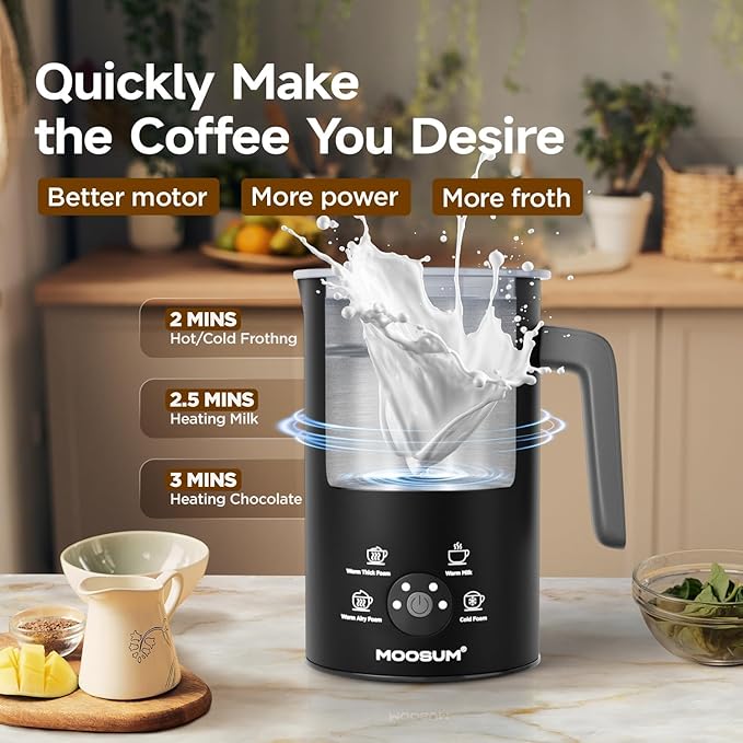 Milk Frother, 4-in-1 10oz/300ml Electric Milk Steamer, Hot & Cold Foam, Auto Shut-Off Frother for Coffee Latte and Cappuccino, Black