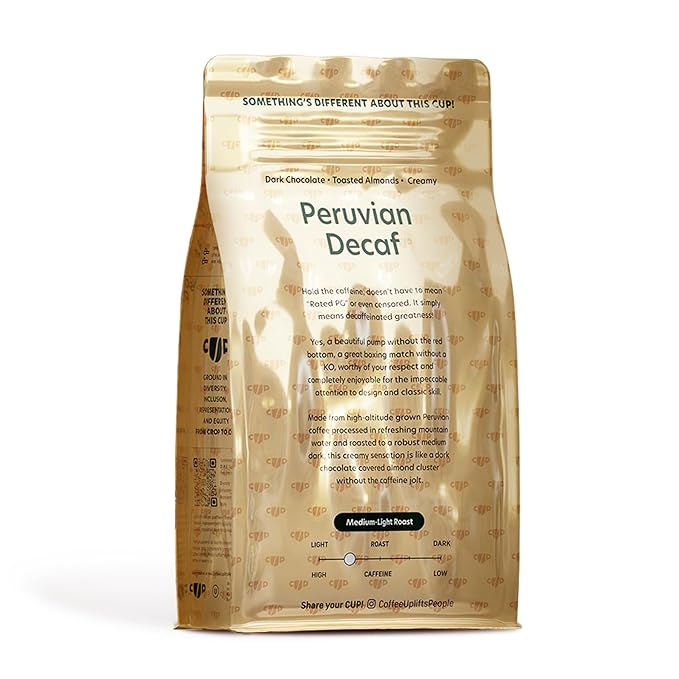 Coffee Uplifts People Peruvian Decaf Coffee - Decaf Whole Bean Coffee Medium Dark Roast - Single Origin, Specialty Grade Coffee Beans, 100% Arabica Coffee, Fair Trade - Chocolate & Almond Notes -12oz