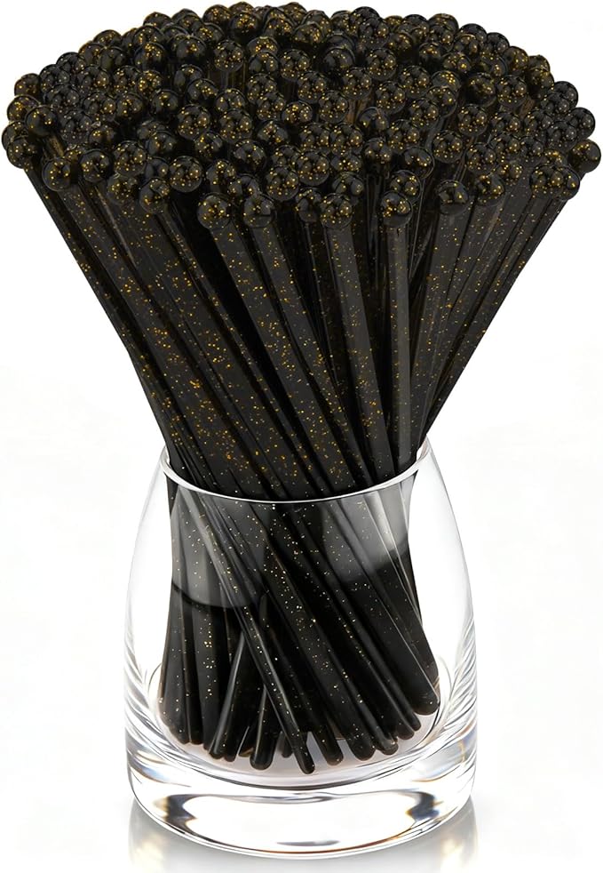 50 PCS Black Gold Glitter Plastic Swizzle Sticks, Crystal Cake Pops, Cocktail Coffee Drink Stirrers, Lolipop Stick for Christmas New Year Party, 7.10 Inch