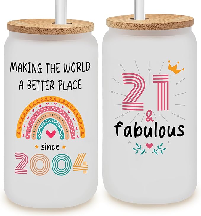 Vivulla68 21st Birthday Gifts For Her, Him - Gifts For 21 Year Old Female, Male - 2004 Birthday Gift For Women Men - 21st Presents For Her - 21 Gift Ideas - Frosted Glass