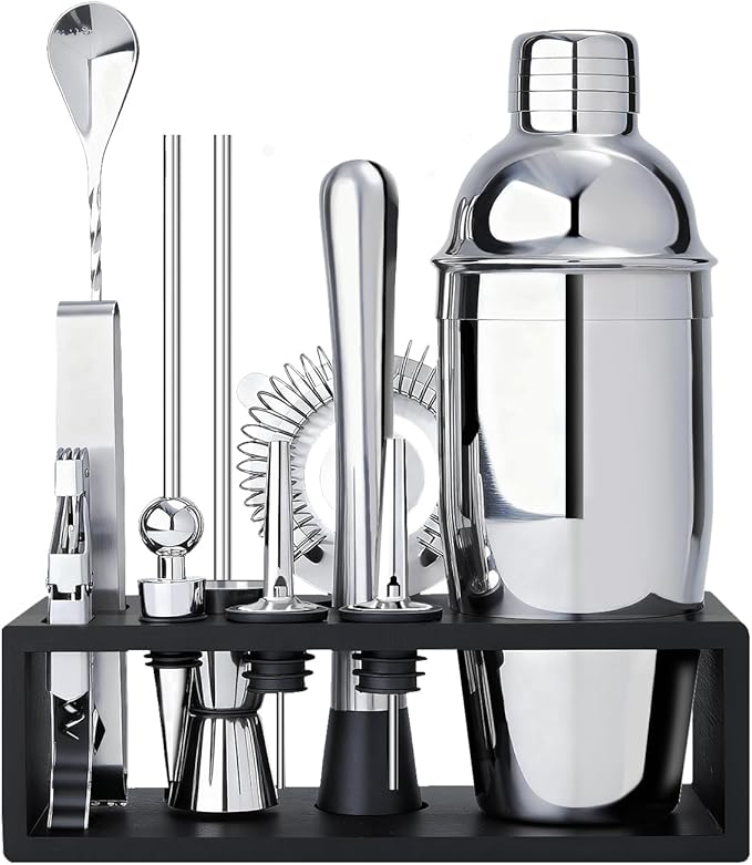 TNGO Cocktail Shaker Set - Mixology Bartender Kit with Sleek Stand - Premium Bar Tool Set All Bar Accessories Includes Martini Shaker Drink Mixer, Muddler, Jigger, Strainer, Bar Mixer Spoon