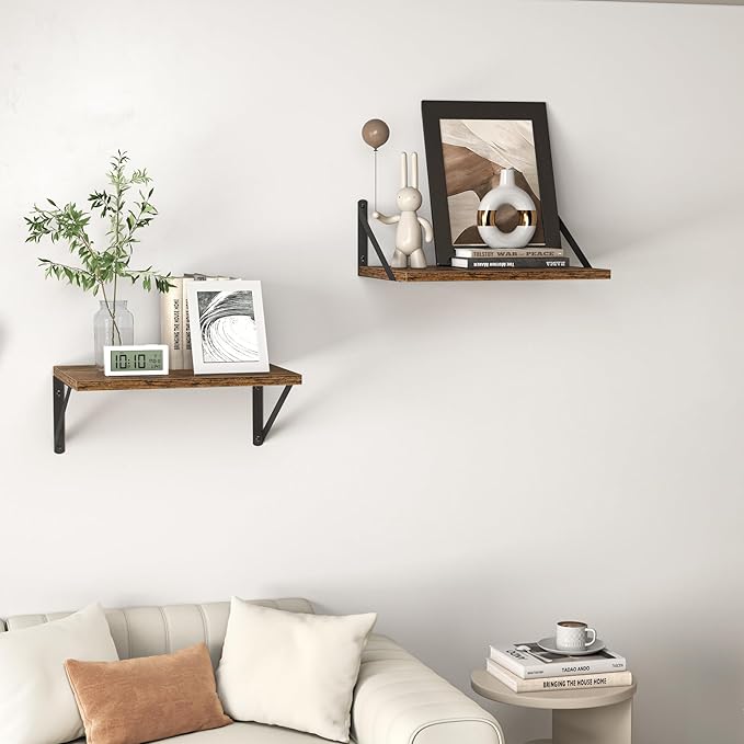 Heimlove Deep Floating Shelves for Wall, 16W x 12D Wood Wall Shelves Set of 2, Wide Floating Bookshelf for Living Room, Kitchen, Office, Bedroom and Decor Storage, with Metal Bracket - Rustic Brown
