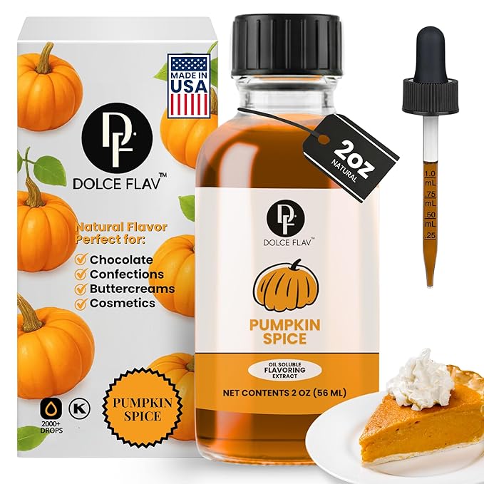 Dolce Flav Natural Pumpkin Spice Extract – 2 Ounce Oil-Soluble Kosher, Sugar-Free, Concentrated Warm Pumpkin Spice Flavoring for Baking, Smoothies & Desserts, Includes Measured Dropper