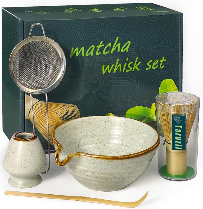 Matcha Whisk Set with Matcha Bowl, Matcha Bamboo Whisk, Scoop, Sifter, Matcha Whisk Holder Unique Gifts for Women Mom Her Girl Friend Home Kitchen Decor Gifts for Christmas, Birthday