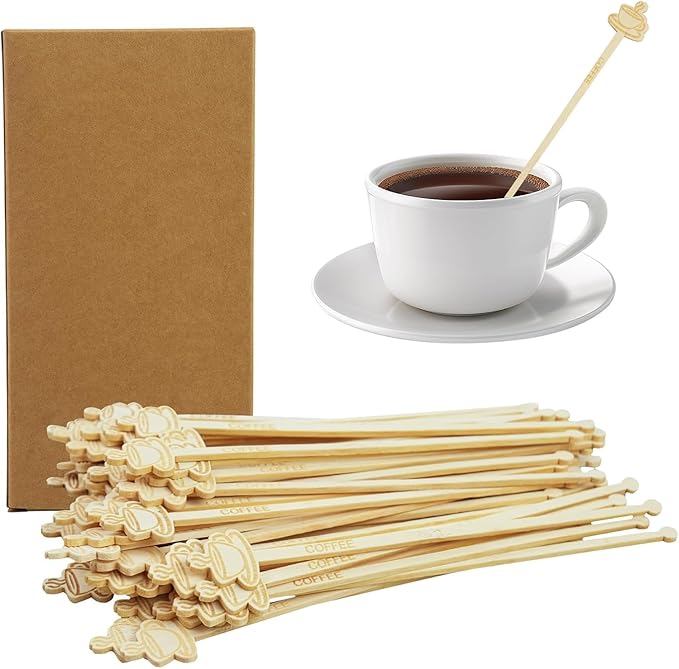Bamboo Coffee Stirrers 60-Pack Coffee Stir Sticks Disposable 7Inch Beverage Mixer Coffee Shape Ends Eco-Friendly Biodegradable Cafés Stirring Sticks for Coffee Cocktails Milk & Hot Drinks