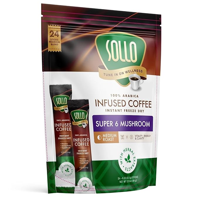 Sollo Super 6 Mushroom Blend Instant Coffee Sticks – 24 Servings | 6 Functional Mushrooms + Vitamins | Medium-Dark Roast 100% Arabica | Freeze-Dried | Single-Serve Sticks