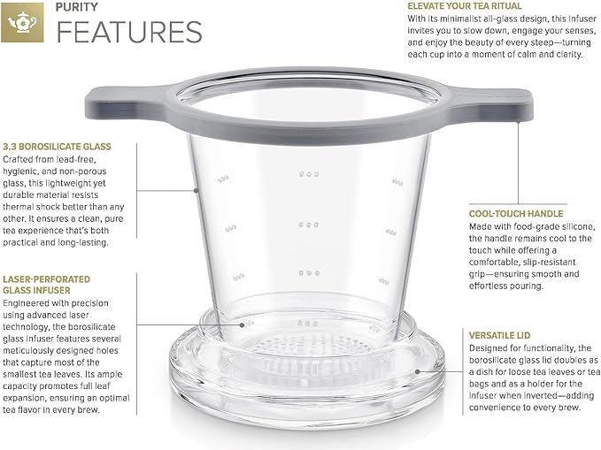 Teabloom Purity Loose-Leaf Tea Glass Infuser with Versatile Lid – 3.3 Borosilicate, Laser-Perforated Design, Universal Fit for Cups & Teapots, Toxin-Free Brewing, Ideal for Whole-Leaf Teas